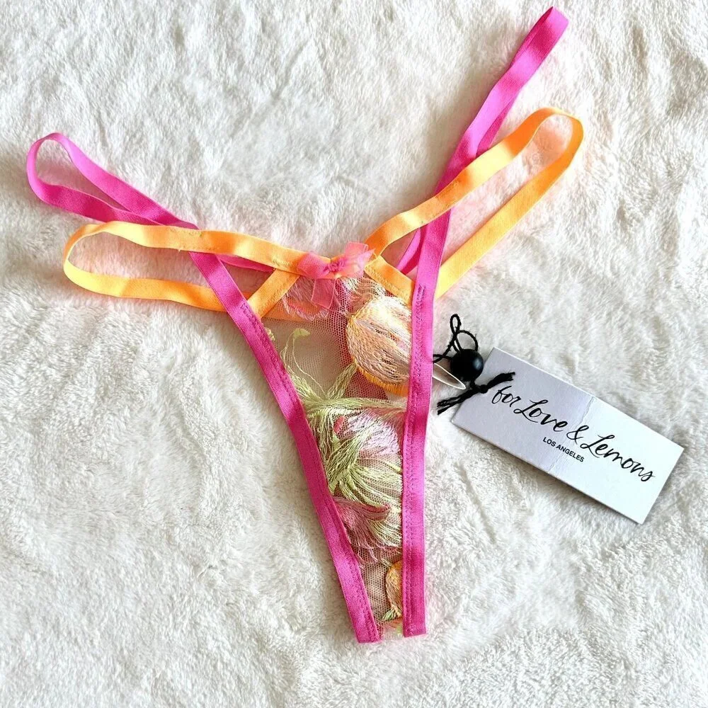 NWT For Love & Lemons Tulip Neon Embroidery Thong Panty - XXS